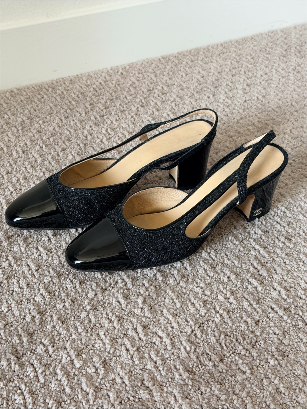 CHANEL Black Patent Toe Slingback Pumps